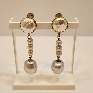 Vintage Signed Miriam Haskell Baroque Faux Pearl Dangle Drop Screw Back Clip Ear